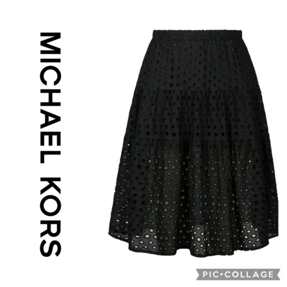 MICHAEL Michael Kors Eyelet Drop Waist Tiered Knee Length Skirt Black Sz 4